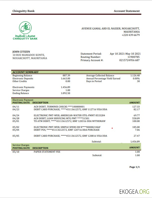 Modèle de relevé bancaire de Mauritanie Chinguitty au format Word et PDF